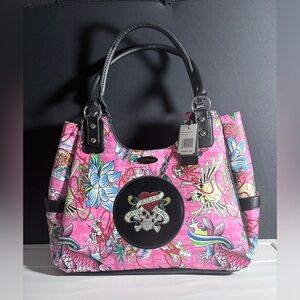 Large Ed Hardy Pink Love Kills Slowly Print Tote Bag,